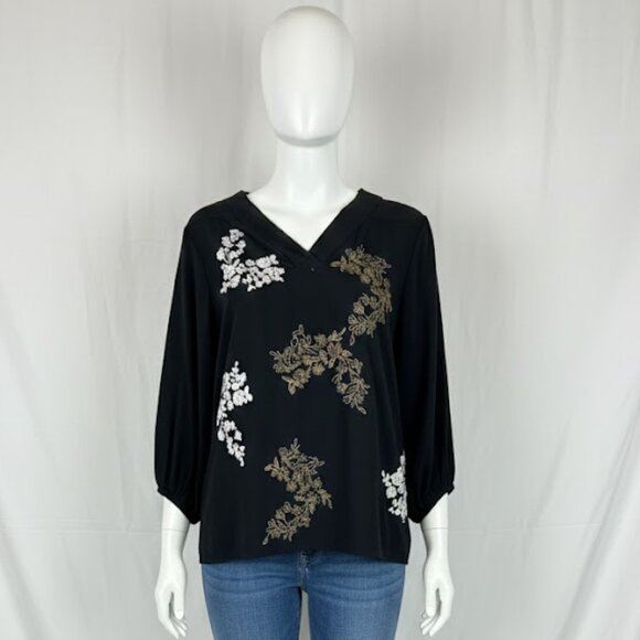 EUC Chico's Black Label Black White Beaded Tunic Top L/12 Resort Boho Chic - Picture 2 of 14